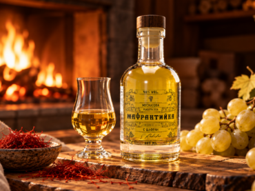 мускатова спиртна напитка с шафран и малка чашка до нея. Продукт на Du Chef Radichev